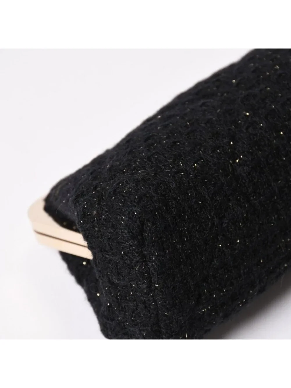 Chanel Clutch Pouch CC Logo Tweed Kiss Lock Black Gold